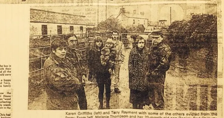 Karen Griffiths (left) and Terry Rayment with some of the others evicted from the farm: from left, Melanie Thompson and her 20-month-old son Daniel; Rod Chillum; Jane Davies; a woman who wouldn’t give her name and Martin Price.